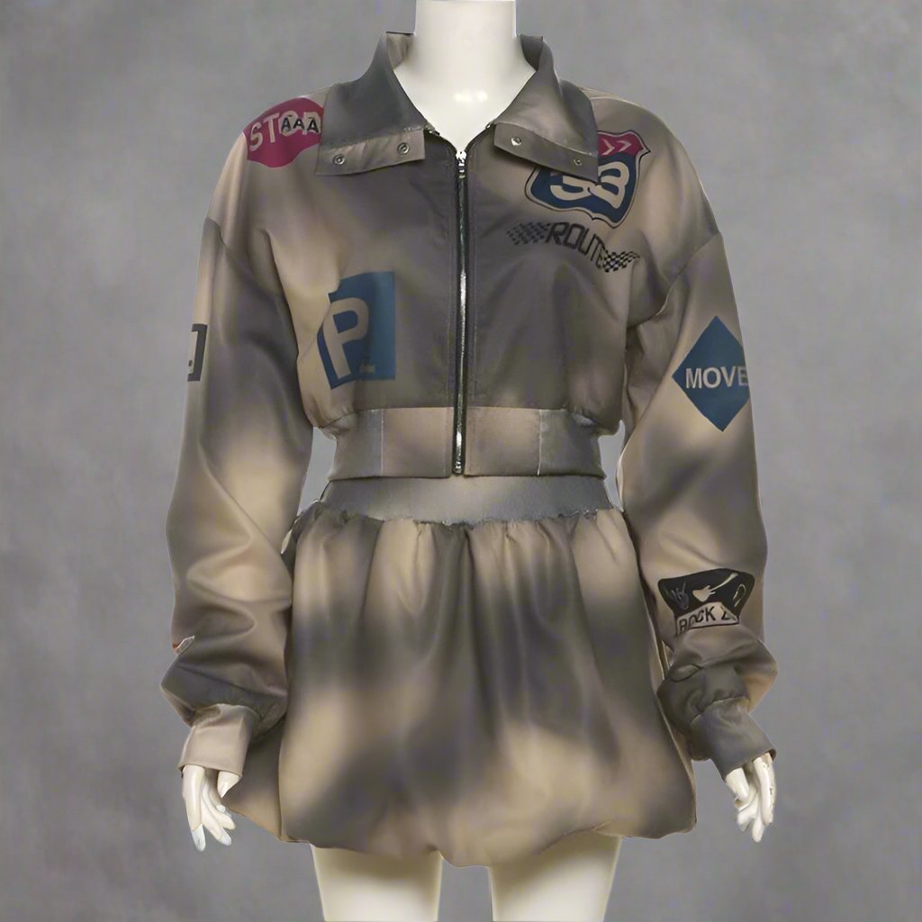 Distressed Lapel Cropped Jacket Bubble Skirt Sets