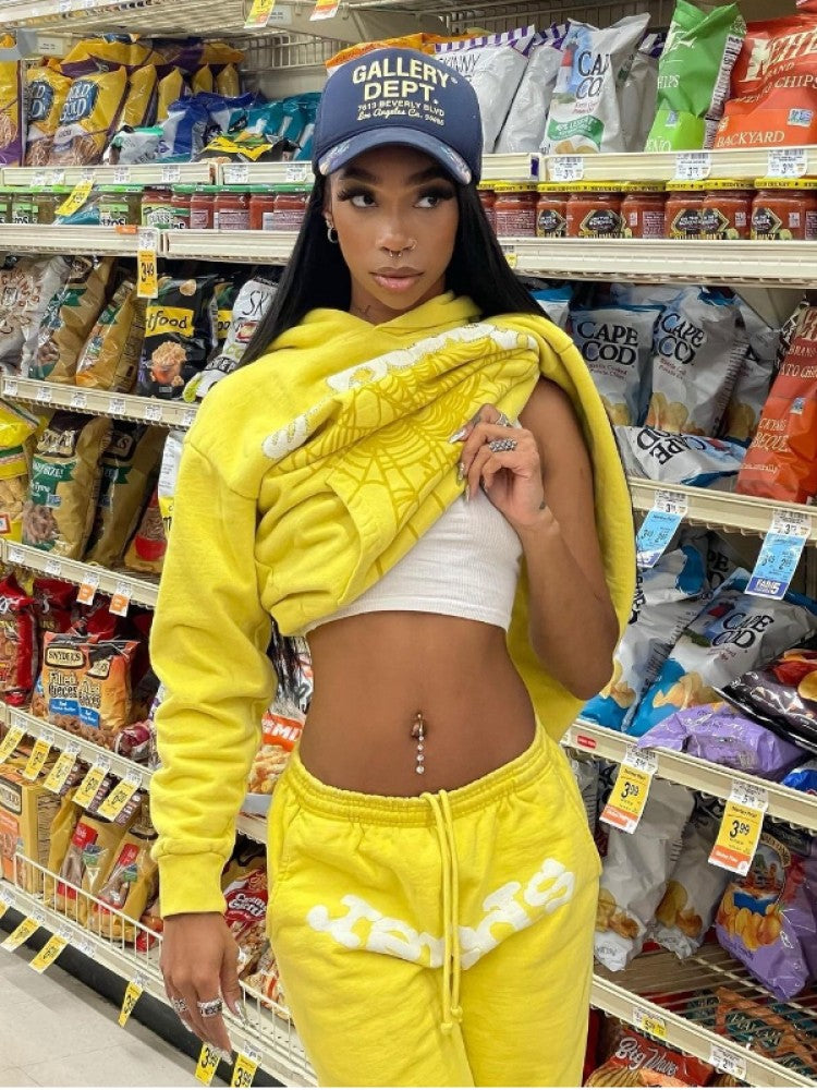 Spider Net Print Hooded Sweatpants Set