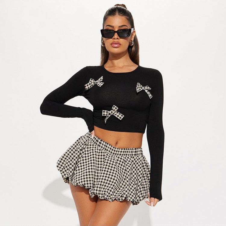 Plaid Bow Cropped Bubble Skirt Sets