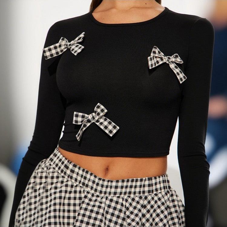 Plaid Bow Cropped Bubble Skirt Sets