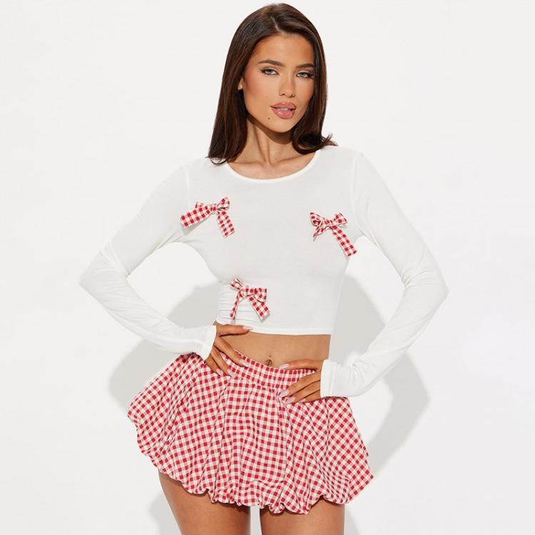 Plaid Bow Cropped Bubble Skirt Sets
