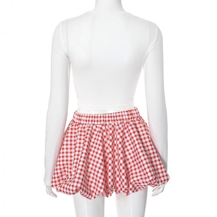 Plaid Bow Cropped Bubble Skirt Sets