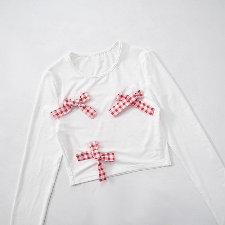 Plaid Bow Cropped Bubble Skirt Sets