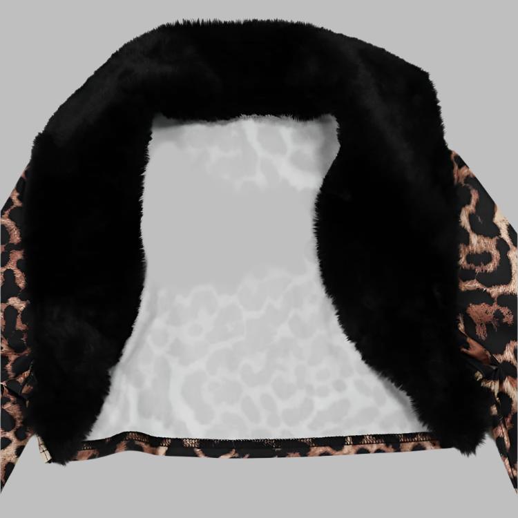 Leopard Fur Hem Split Long Sleeve 2pcs Dress Sets
