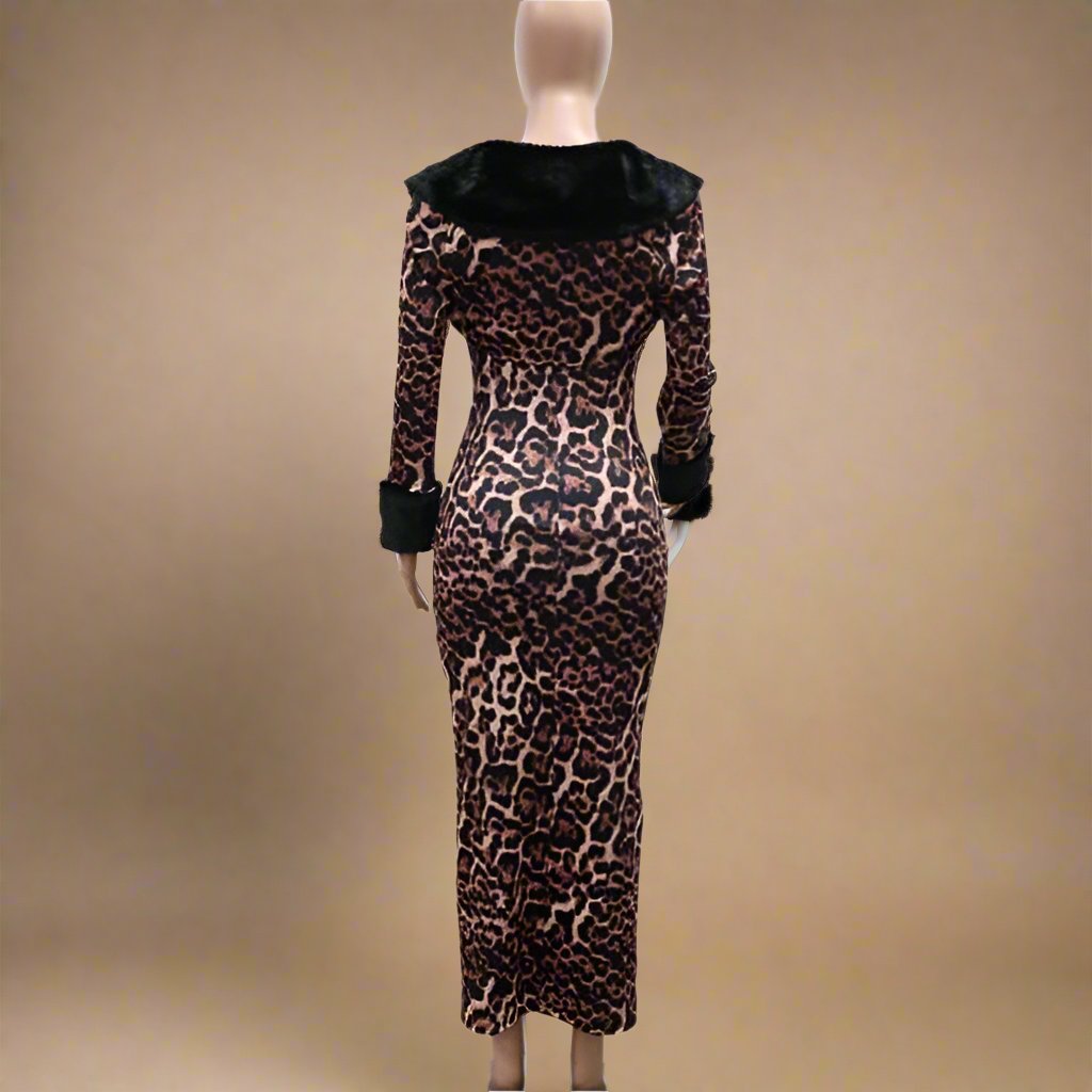 Leopard Fur Hem Split Long Sleeve 2pcs Dress Sets