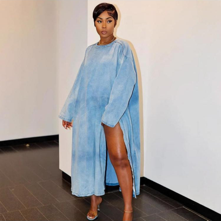 Solid Color Split Hem Long Sleeve Denim Dress