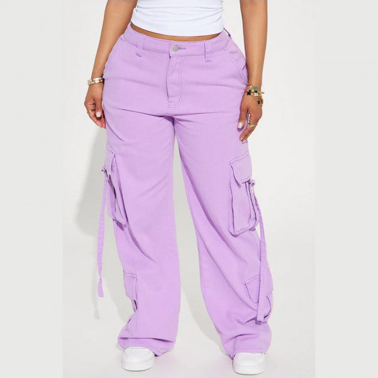 Solid Color Mid-rise Cargo Pants