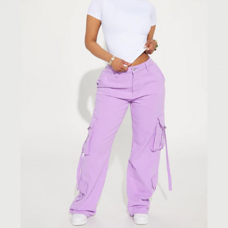 Solid Color Mid-rise Cargo Pants