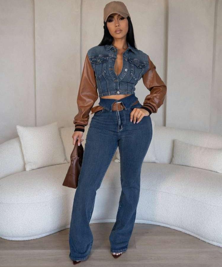 PU Denim Colorblock Jackets Lapel Jean Sets