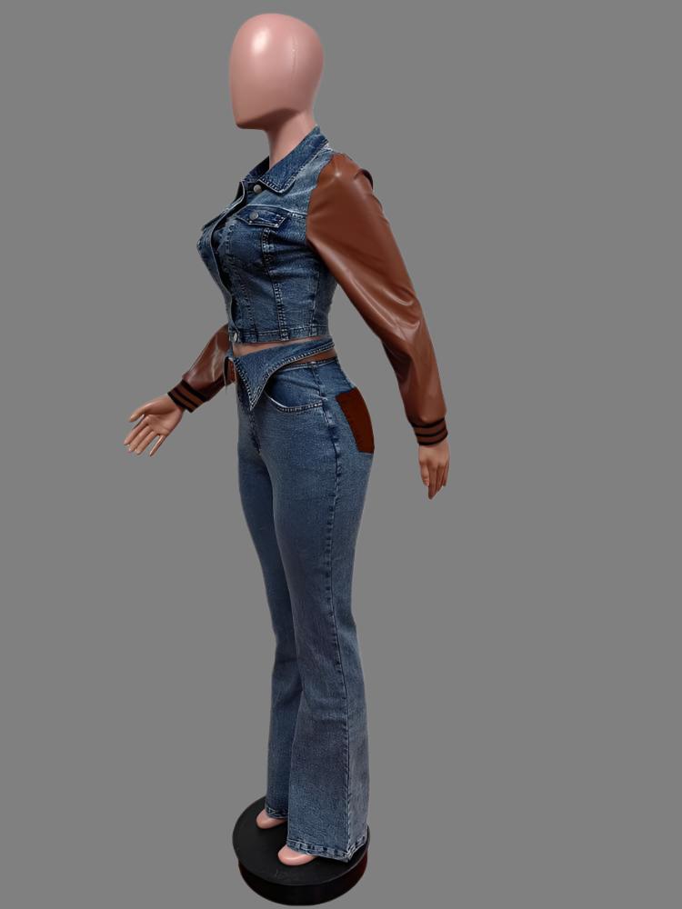 PU Denim Colorblock Jackets Lapel Jean Sets