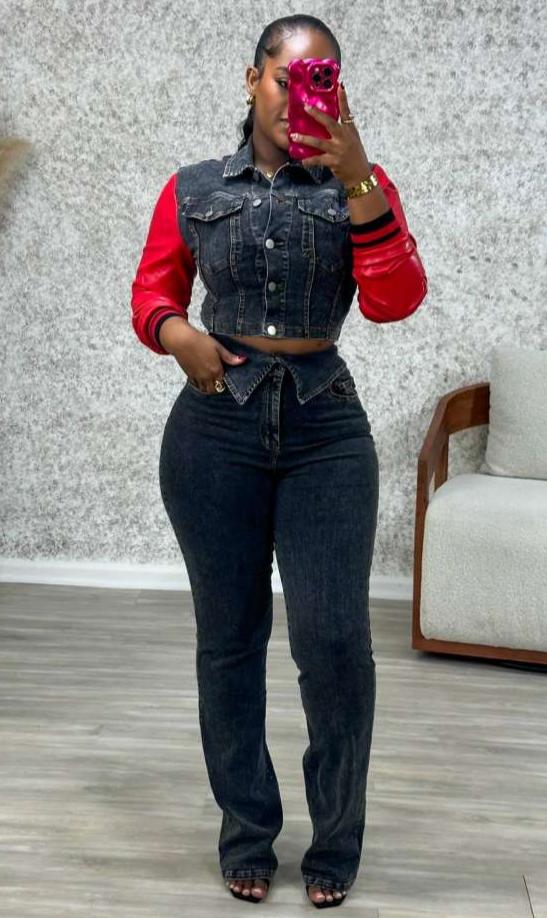 PU Denim Colorblock Jackets Lapel Jean Sets