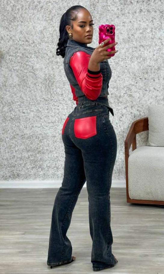 PU Denim Colorblock Jackets Lapel Jean Sets