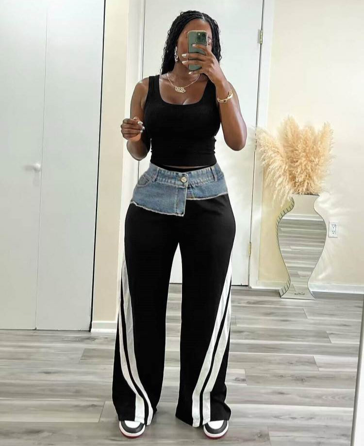 Color Matching Patchwork Stripe Patch Pants