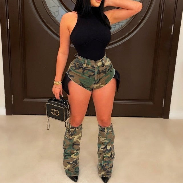 Camouflage Shorts With Matching Leg Sleeves.