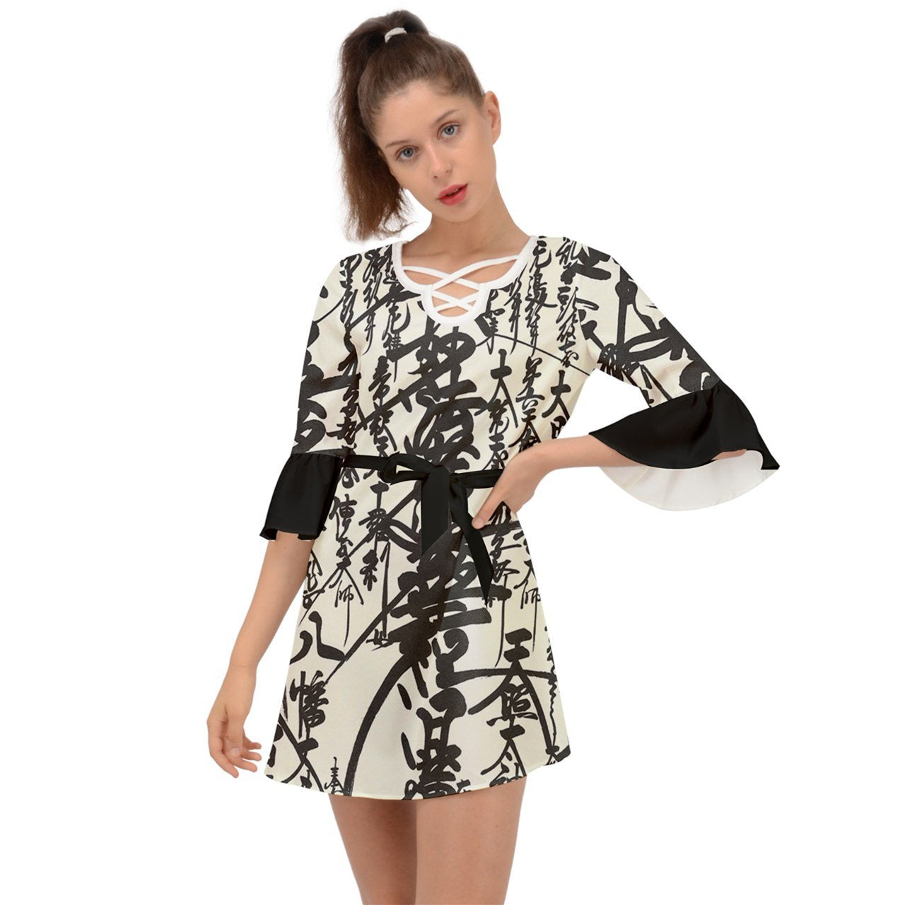 Oriental Pattern Criss Cross Mini Dress.