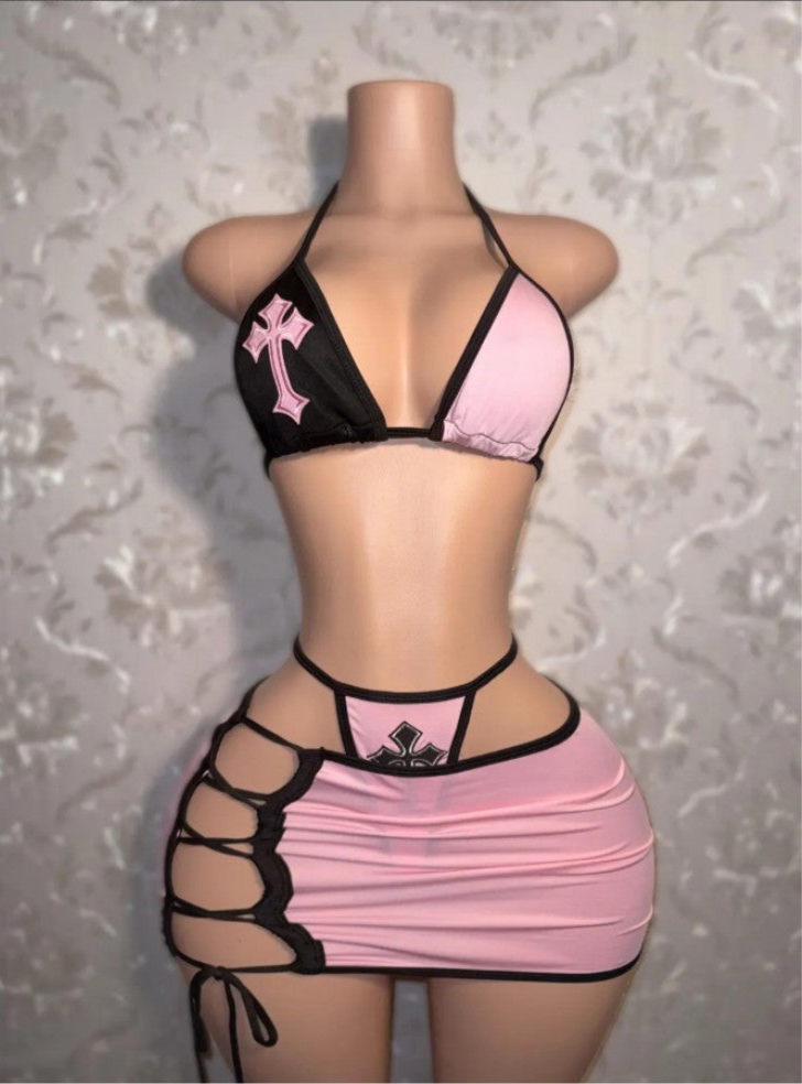 Cross Lace Up Bikinis Skirt 3 Piece Sets