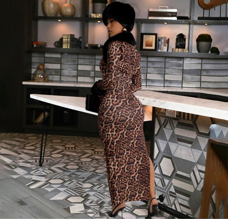 Leopard Fur Hem Split Long Sleeve 2pcs Dress Sets
