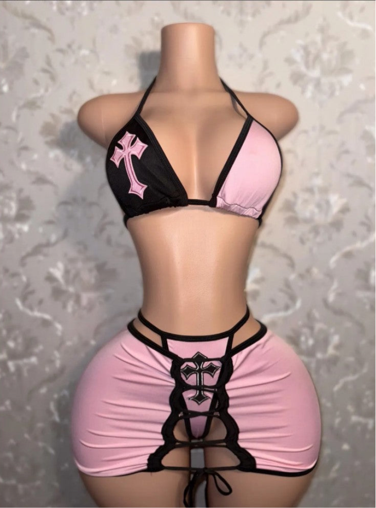 Cross Lace Up Bikinis Skirt 3 Piece Sets
