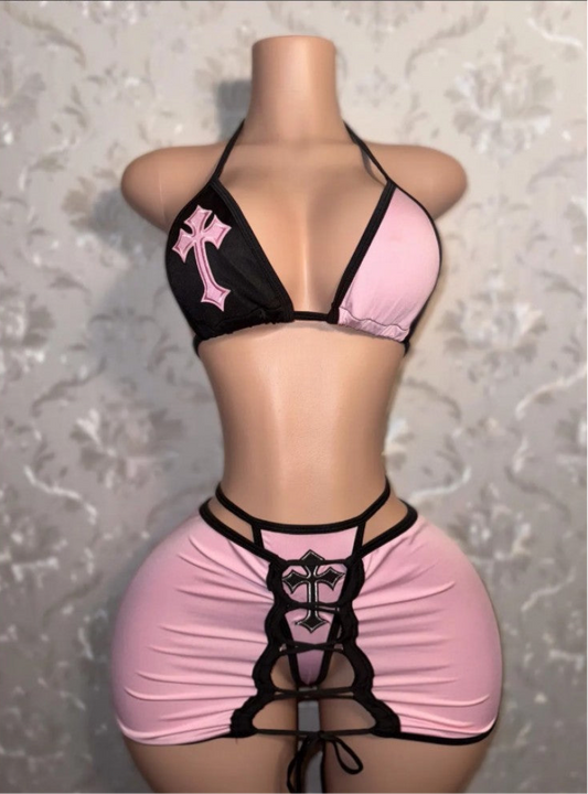 Cross Lace Up Bikinis Skirt 3 Piece Sets
