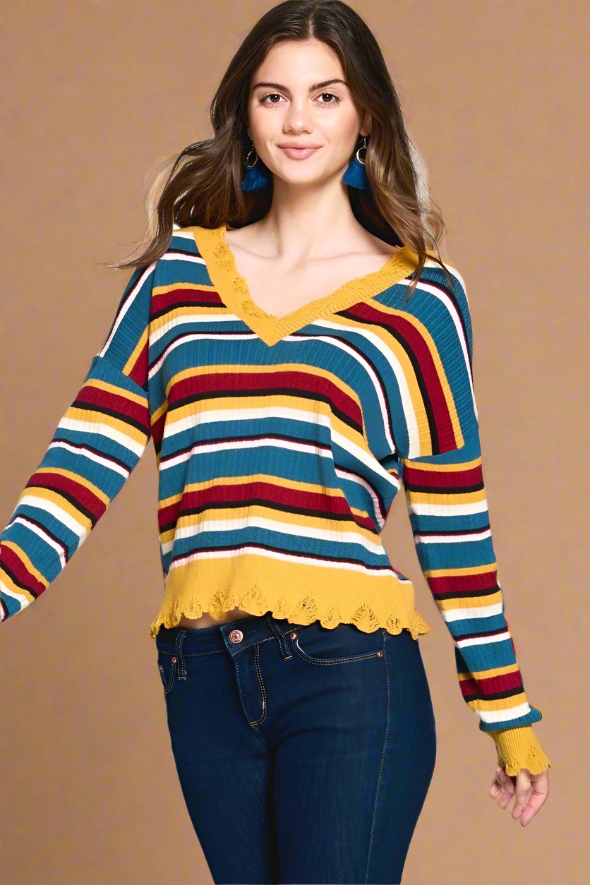 Multi-colored Variegated Striped Knit Sweater