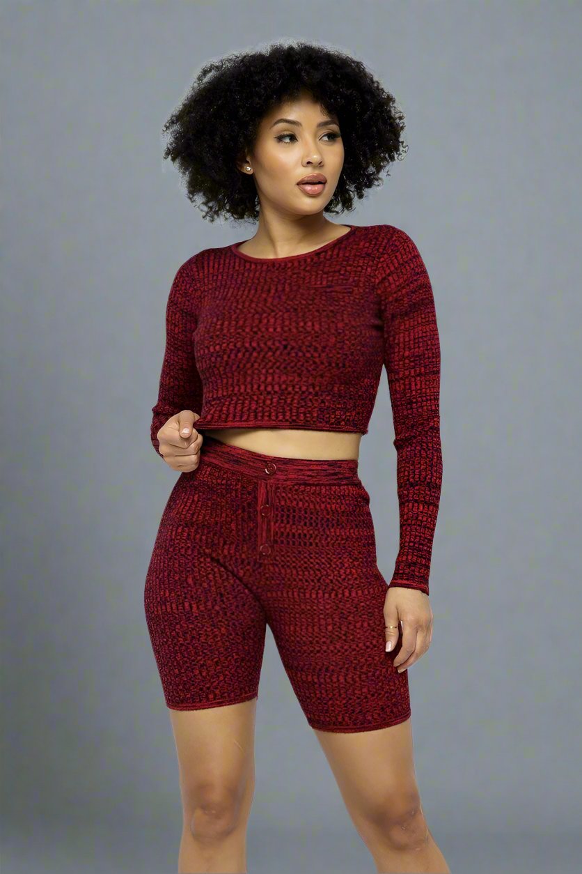 Knit Long Sleeve Cropped Top Knit High-waist Biker Shorts Set