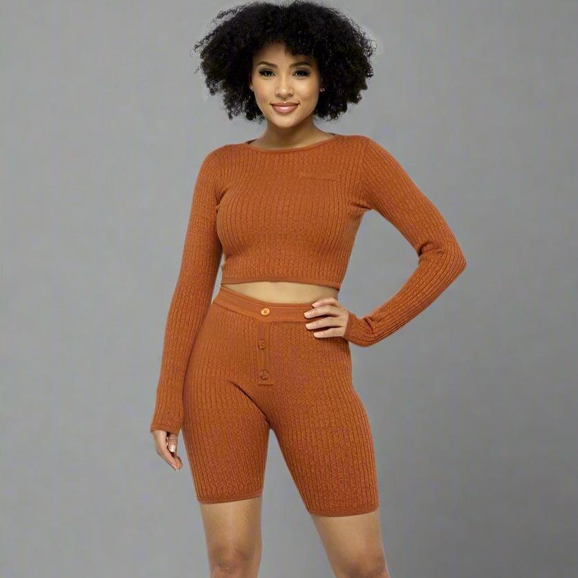 Knit Long Sleeve Cropped Top Knit High-waist Biker Shorts Set