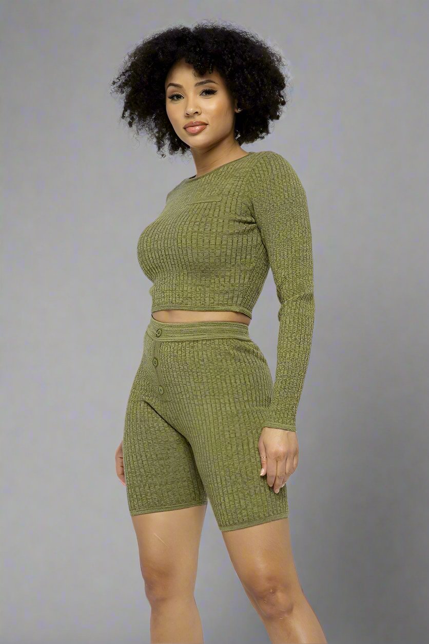 Knit Long Sleeve Cropped Top Knit High-waist Biker Shorts Set