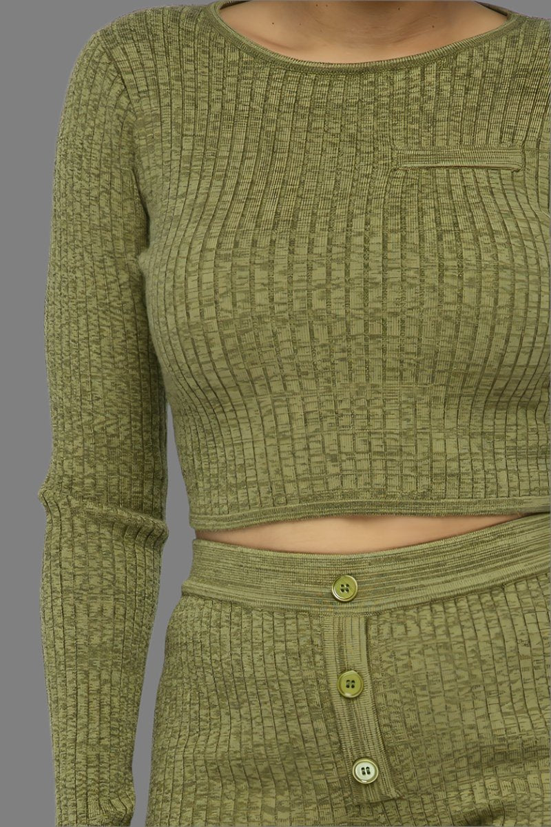 Knit Long Sleeve Cropped Top Knit High-waist Biker Shorts Set