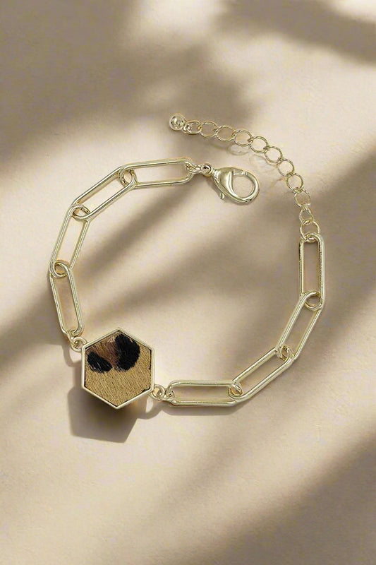 Bracelet en cuir de veau léopard avec chaîne à épingle à vêtements en métal