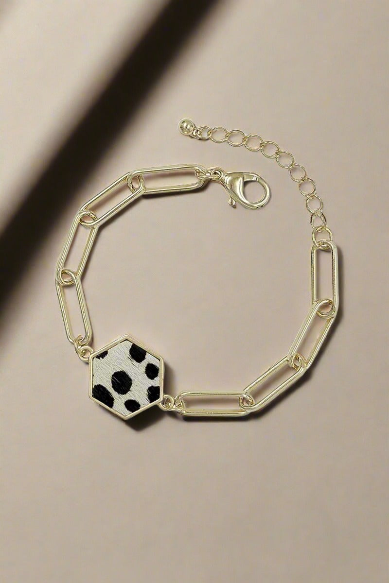 Bracelet en cuir de veau léopard avec chaîne à épingle à vêtements en métal