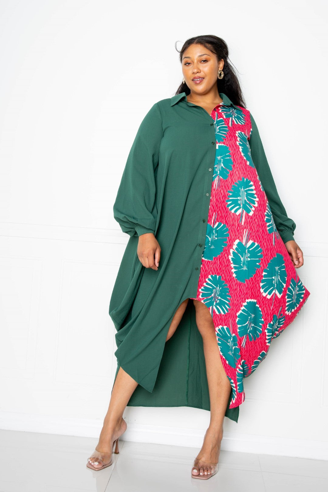Vestido camisero largo con estampado drapeado