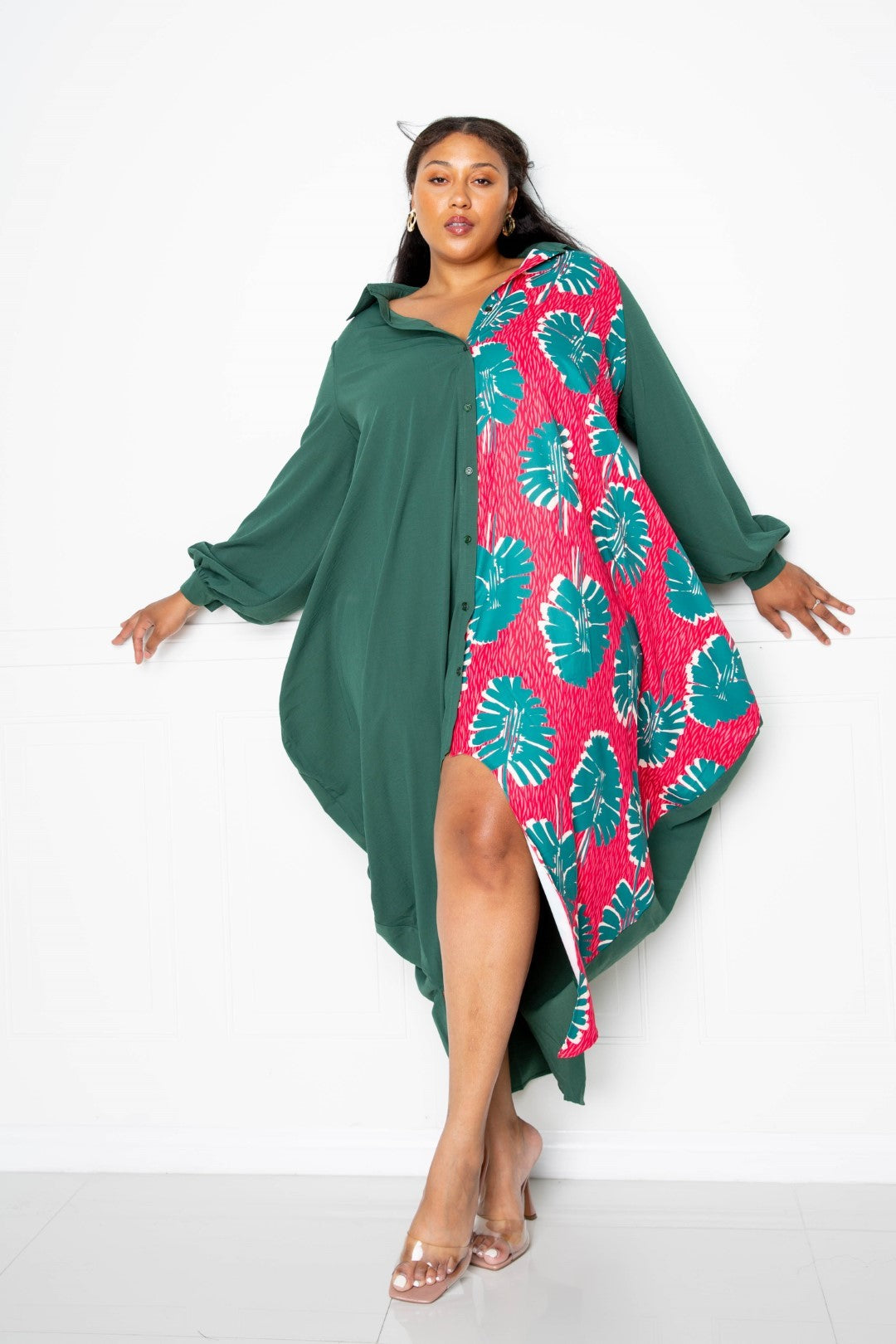 Vestido camisero largo con estampado drapeado