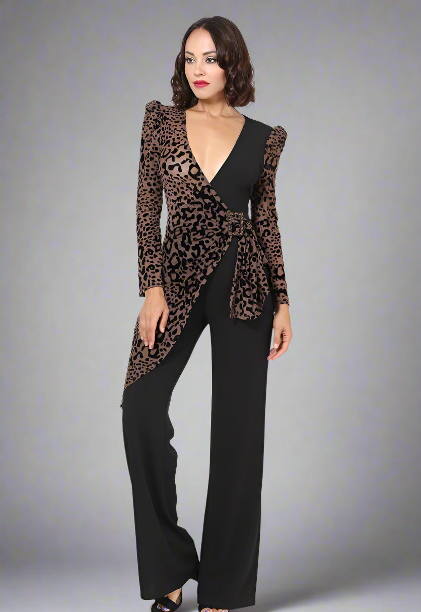Plunging V Buckle Detail Leopard Jumpsuit
