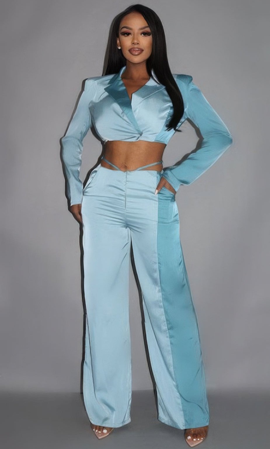 Colorblock Crop Blazer With Matching Low Rise Wide Leg Pant Set With Pockets