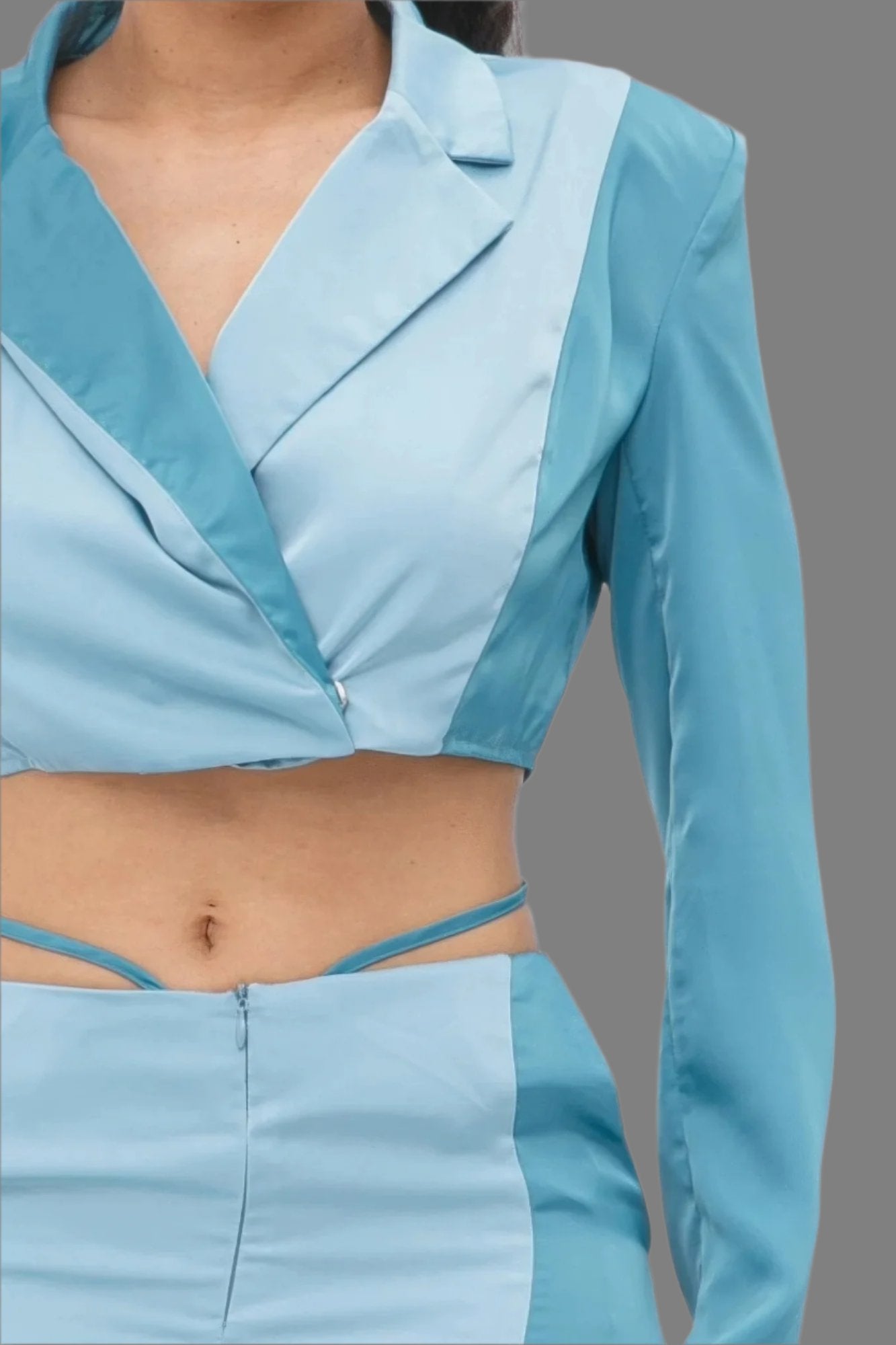 Colorblock Crop Blazer With Matching Low Rise Wide Leg Pant Set With Pockets