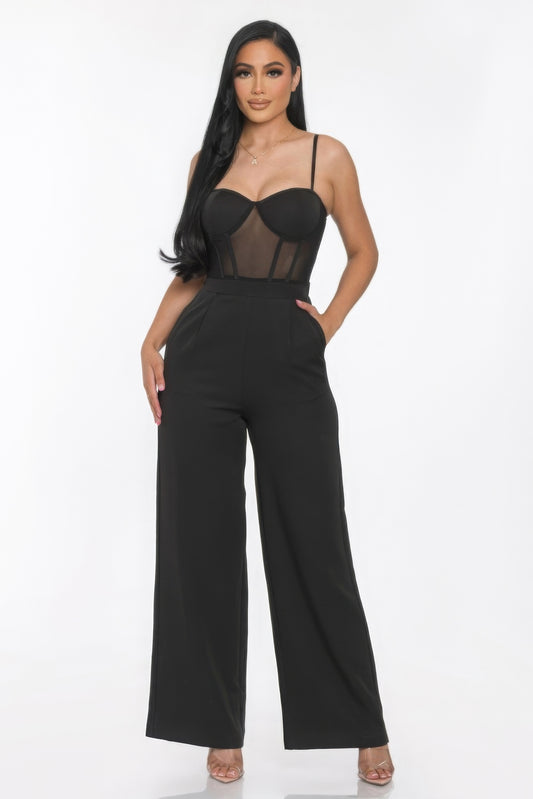 Combinaison jambe large avec empiècement en maille