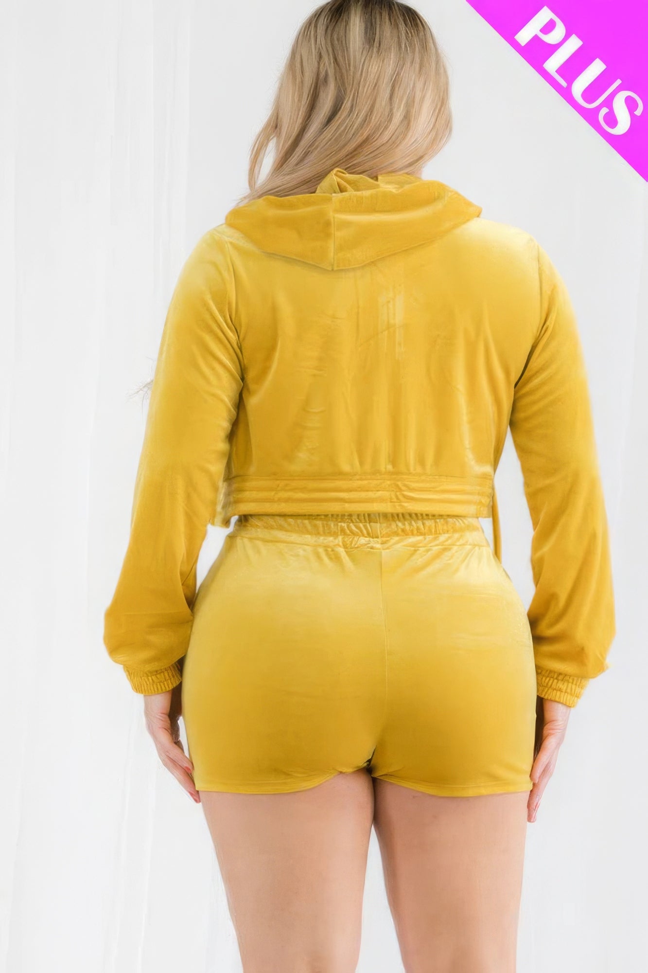 Conjunto de sudadera con capucha y pantalones cortos de terciopelo con cremallera en talla grande