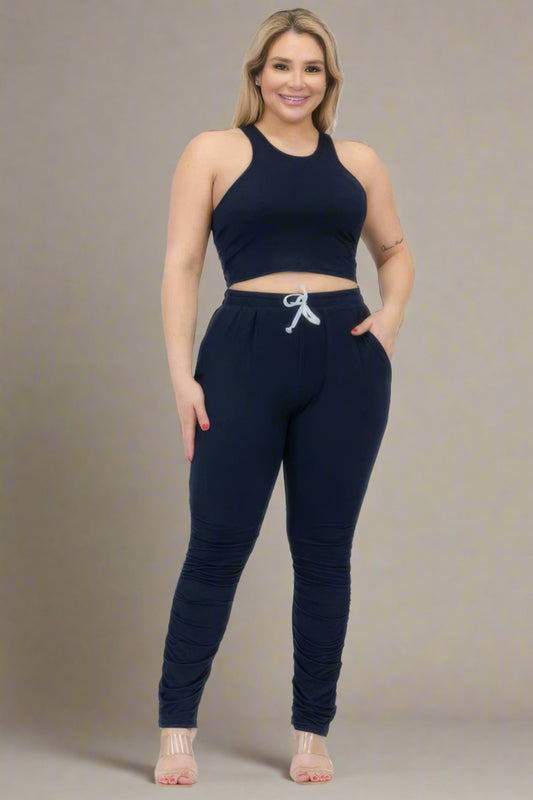 Conjunto de camiseta sin mangas corta y pantalones fruncidos de talla grande