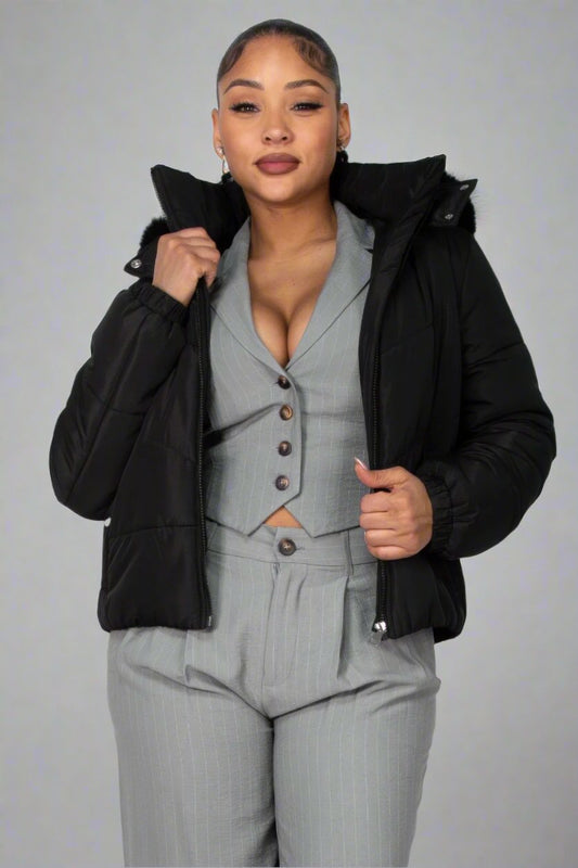 Insulated Zip-up Faux Fur Hooded Jacket