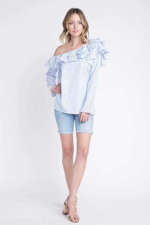 Women's One Shoulder Stripe Ruffle Top.