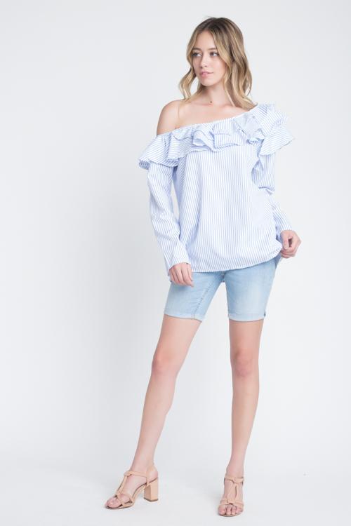 Women's One Shoulder Stripe Ruffle Top.