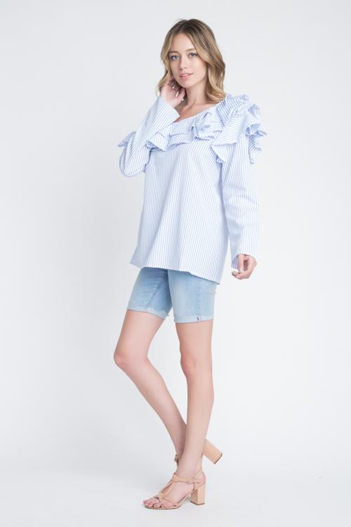 Women's One Shoulder Stripe Ruffle Top.