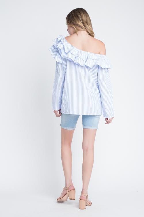 Women's One Shoulder Stripe Ruffle Top.