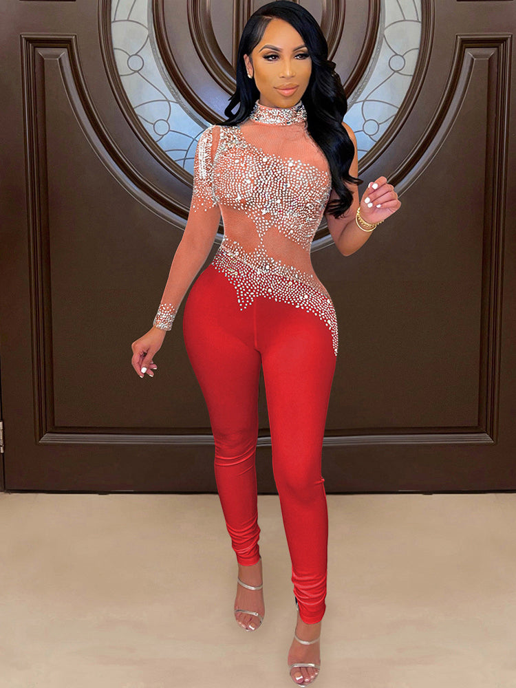 Gauze Perspective Rhinestone Long Sleeve Jumpsuits