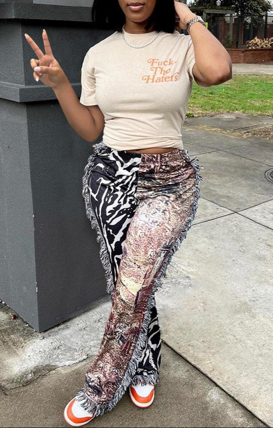 Crew Neck Tee Leopard Zebra Print Tassel Pants Sets