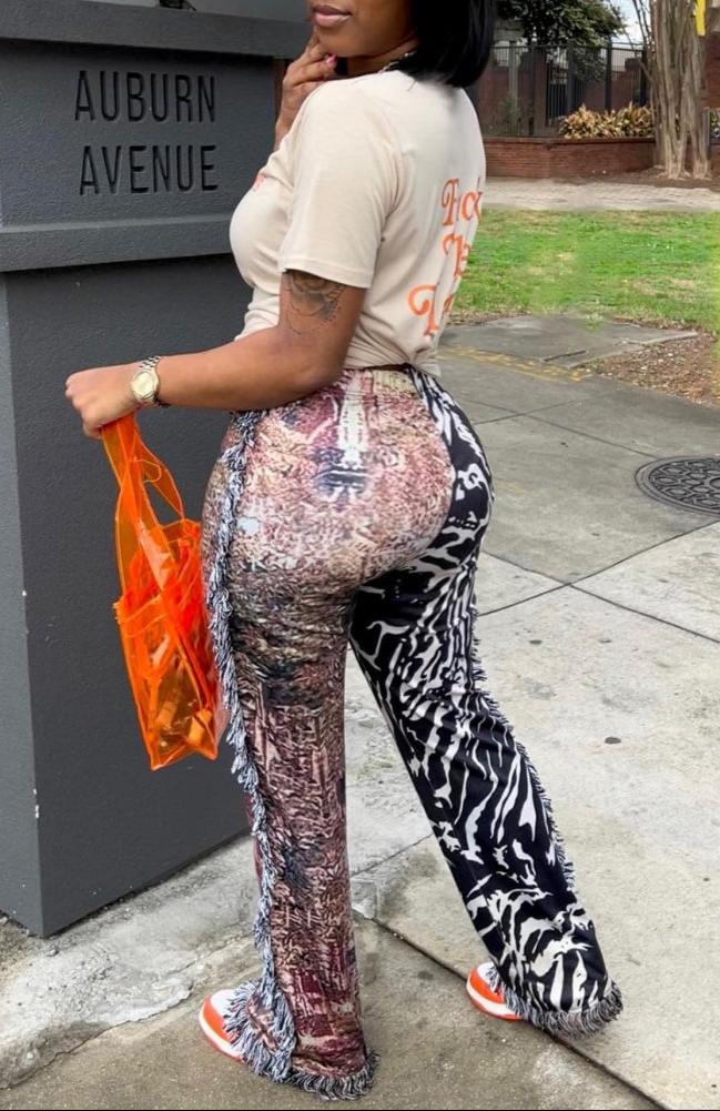 Crew Neck Tee Leopard Zebra Print Tassel Pants Sets