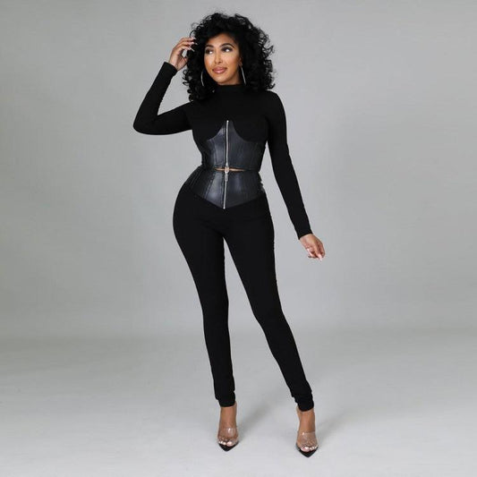 Patchwork Round Neck Bodycon Pants Sets