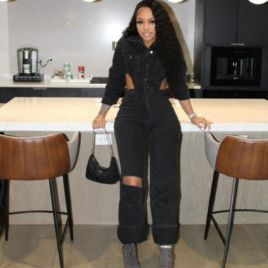 Hollow Out Collar Buckle Denim Jumpsuit