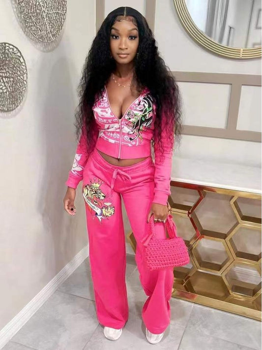 Letter Printed Fitted Zipper Hoodies Trouser Sets