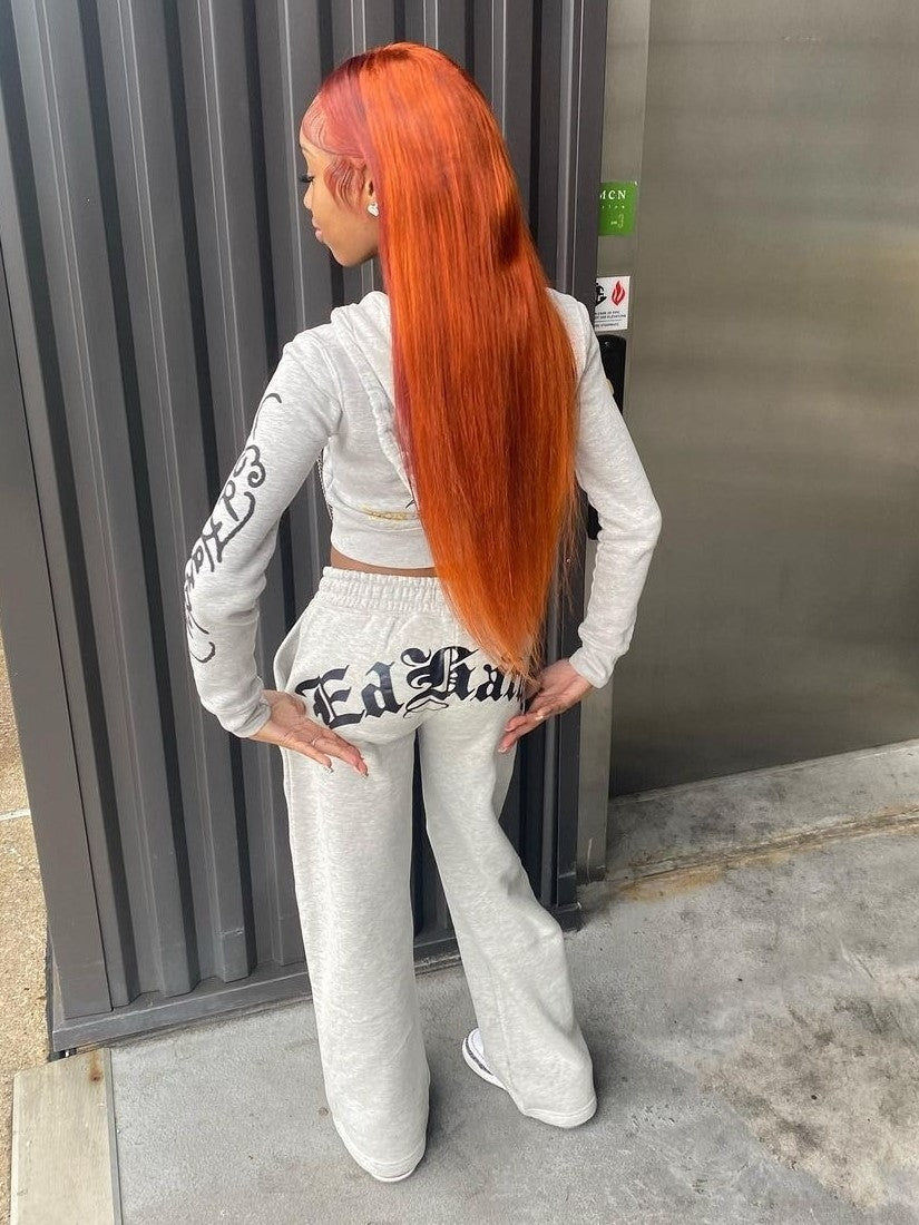 Letter Skull Printed Zipper Cropped Hoodies Suit